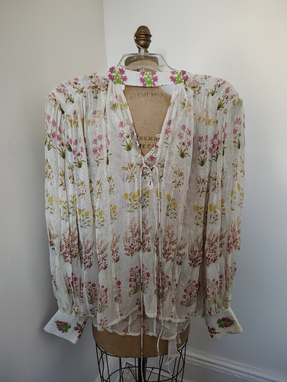 HEMANT & NANDITA White Sheer Floral Tie-Neck Blouse with Pink & Yellow Flowers